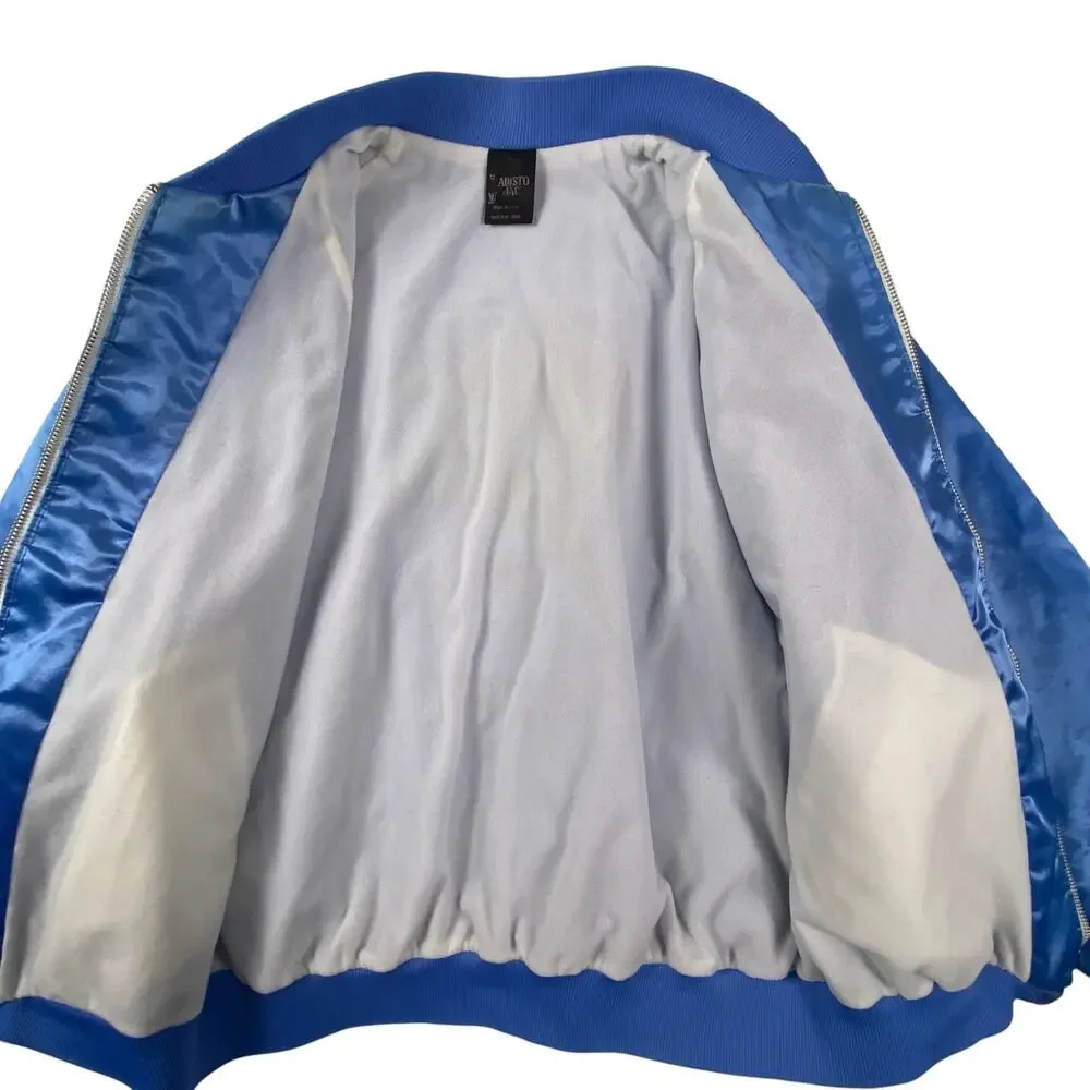Margarita Ville Satin Bomber Jacket Mens M Blue Parrot Palm Bar Souvenir Vintage